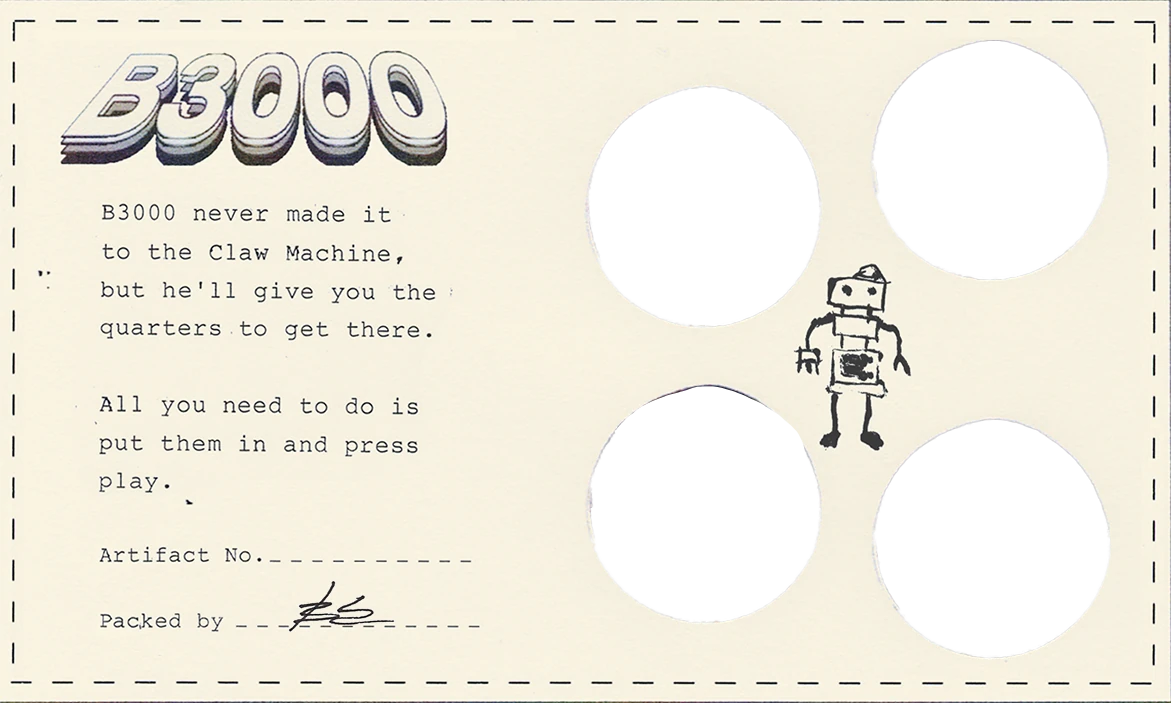 B3000 artifact card. Enter the four vinyl codes to receive the quarters needed for the Claw Machine.