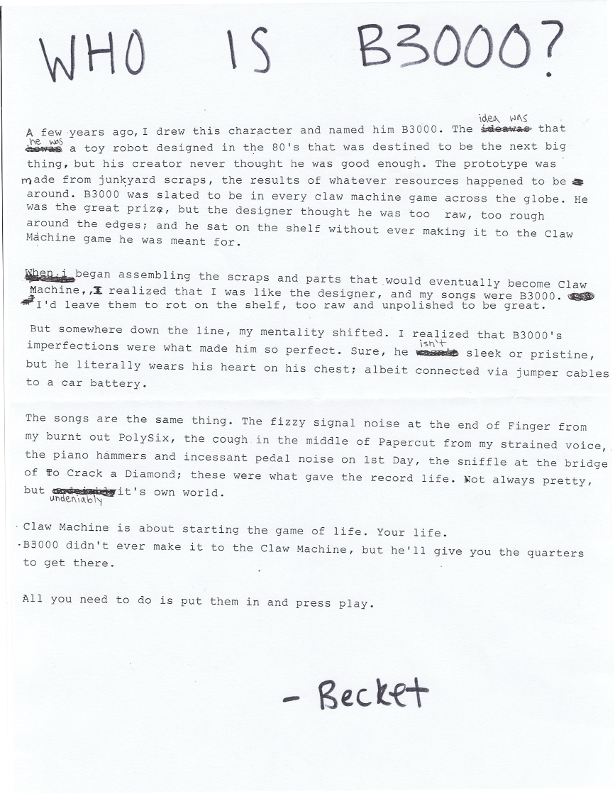 Who is B3000? handwritten note by Becket